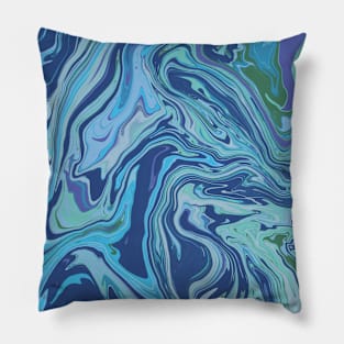 Shades of Moody Blue and Green Aesthetic Marble Pattern Pillow