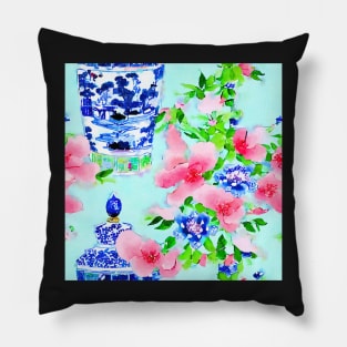 Peonies and chinoiserie jars on blue Pillow