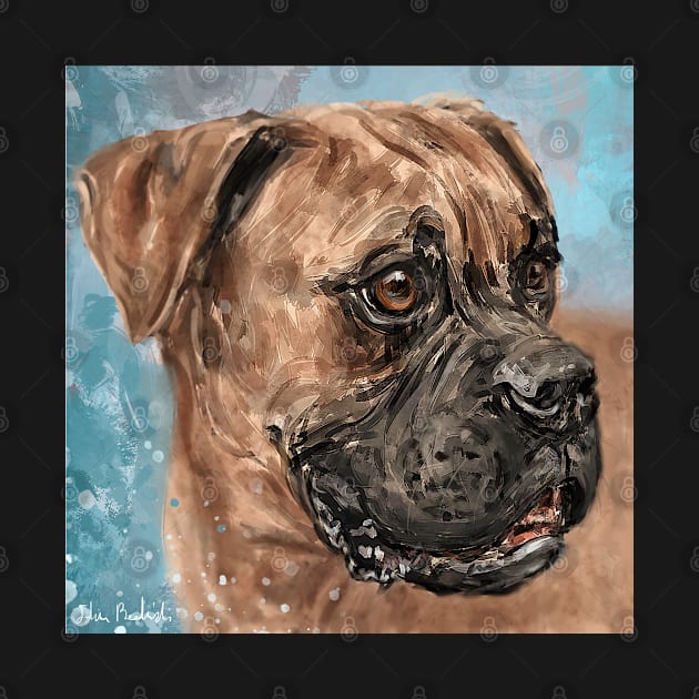 Painting of a Brown Coated Boxer Dog Looking to the Side on Light Blue Background by ibadishi