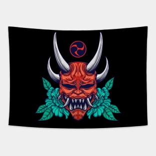 red oni mask with leaves on the back Tapestry