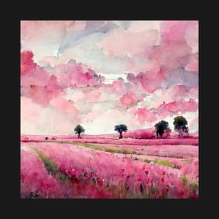 Watercolor Painting Pink Fields and Clouds T-Shirt