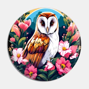 Cute European Barn Owl Surrounded by Bold Vibrant Spring Flowers Pin