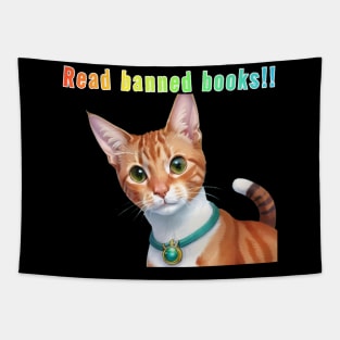 Crookie says... Read Banned Books!! Rainbow Text Purple Tapestry