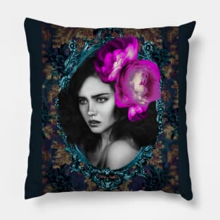 Bright Magenta Flower Girl Portrait Modern Art Contemporary Artwork Pillow