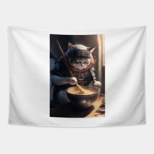 Shinobi cat eating ramen noodle, animae, japanese, food, ninja Tapestry