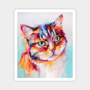 The portrait of a cat is painted in oil on canvas. Magnet