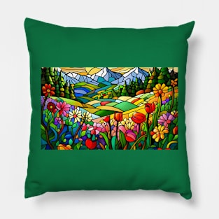 Stained Glass Colorful Mountain Meadow Pillow