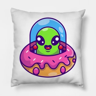 Cute alien flying with spaceship ufo doughnut cartoon Pillow