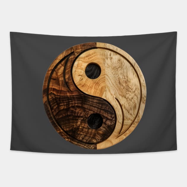 Circular wooden Yin Yang Logo Tapestry by Radibor78