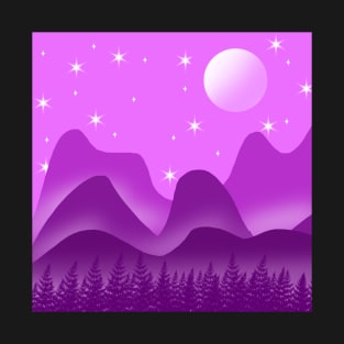 Purple Mountain Scenery With Stars, Moon & Trees T-Shirt