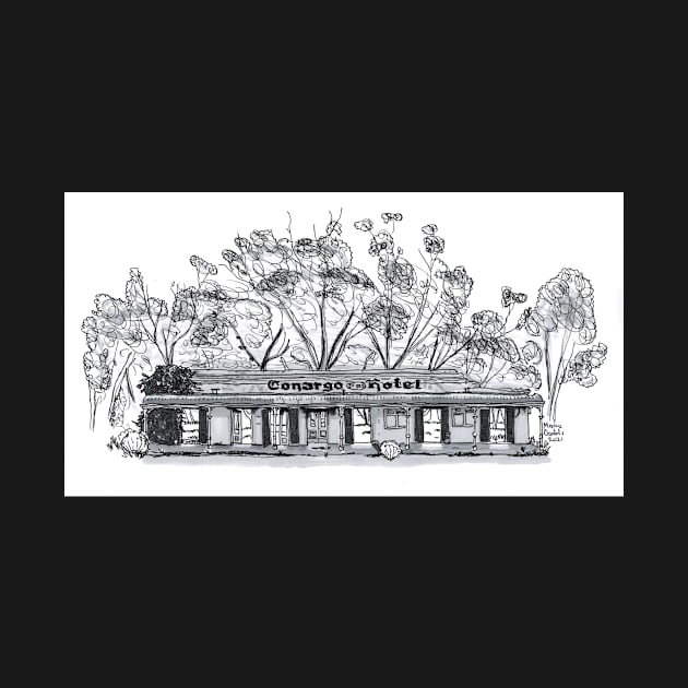 Australian Art: Pen & Ink Drawing of an Abandoned Pub Hotel by NutsnGum