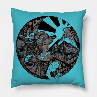 Blue Grey Dreaming of Japan Pillow