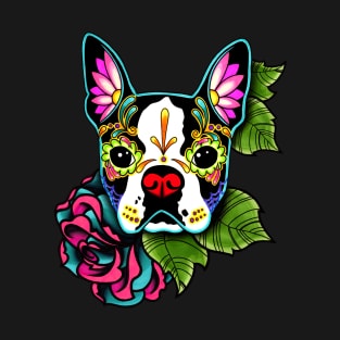 Boston Terrier in Black - Day of the Dead Sugar Skull Dog T-Shirt