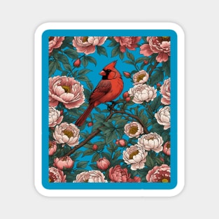 Red Cardinal Bird and Peony Flowers Magnet