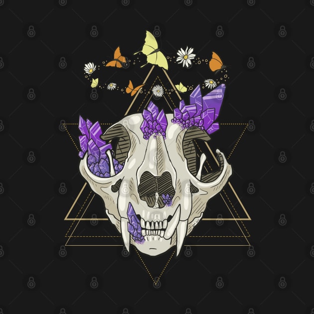 Cat Skull with Crystals, Butterflies, and Geometric Accents on Black by KMogenArt