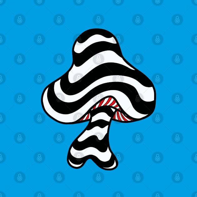 The Perfect Magic Mushroom: Trippy Wavy Black and White Stripes Contour Lines on blue with Red Underbelly. by Ciara Shortall Art