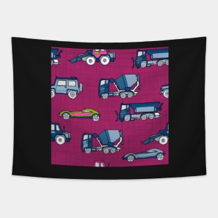 Vehicles blue on raspberry red Tapestry