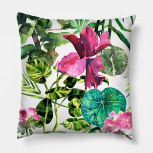 Seamless tropical flower, plant and leaf pattern background Pillow