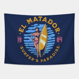 Vintage El Matador, California Surfer's Paradise // Retro Surfing 1980s Badge Tapestry