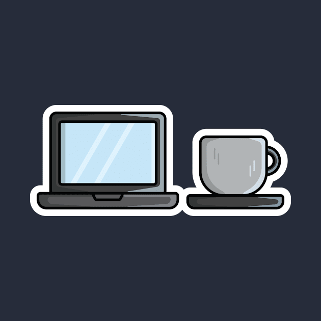 Laptop with Coffee Cup Sticker vector illustration. Technology and drink objects icon concept. Workspace with laptop and coffee cup vector sticker design with shadow. by AlviStudio