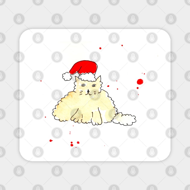 Cat in Santa Claus hat, pet, xmas, holiday. Watercolor illustration on a winter theme, congratulations Magnet by grafinya