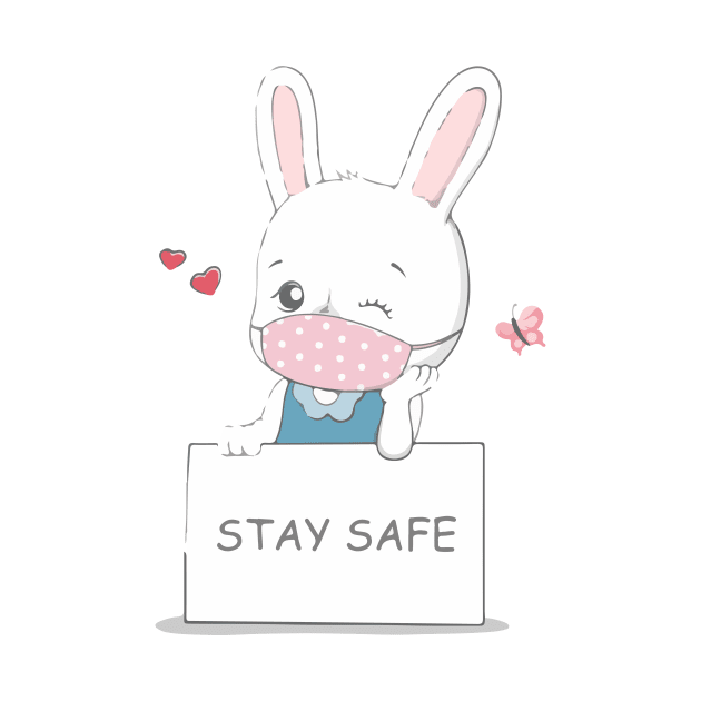 stay safe message with cute rabbit wearing face mask cartoon hand drawn by Spring Moon