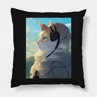 Orange cat wearing headphones with blue sky background Pillow