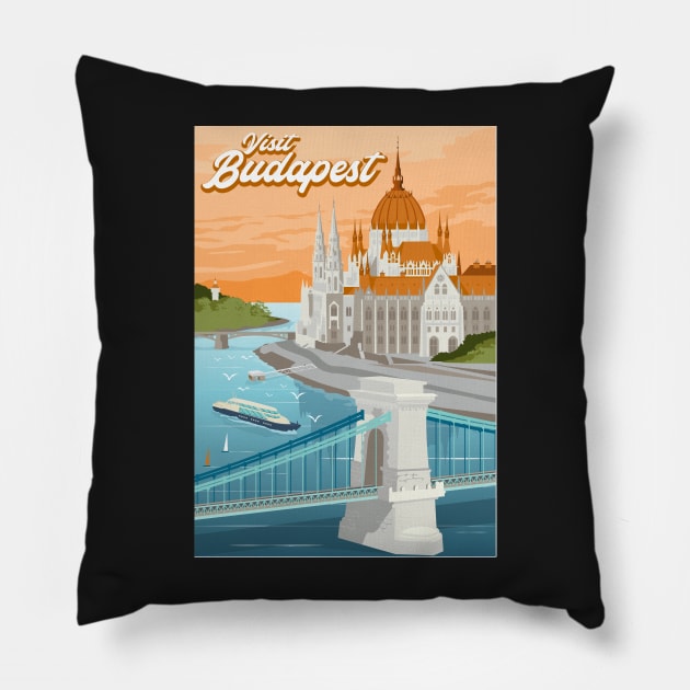 Travel Poster Budapest Hungary Danube Pillow by qpiii