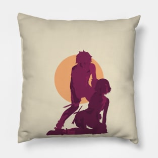 Danmachi Or Is It Wrong To Try Or Dungeon Ni Deai Season 4 Anime Characters Bell And Ryuu Bleeding In Red Minimalist Sunset Vintage Design Pillow