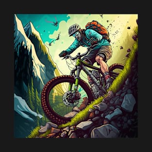 Cartoon image of an extreme downhill mountain biker. T-Shirt