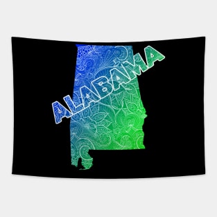 Colorful mandala art map of Alabama with text in blue and green Tapestry