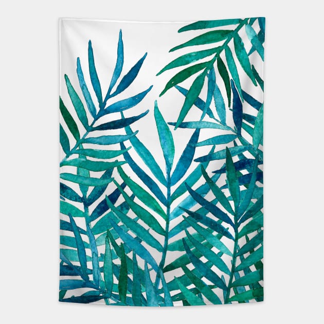 Watercolor Palm Leaves on White Tapestry by micklyn