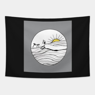 Female Surfer Riding the Wave with ultimate gray and illuminating colors Tapestry