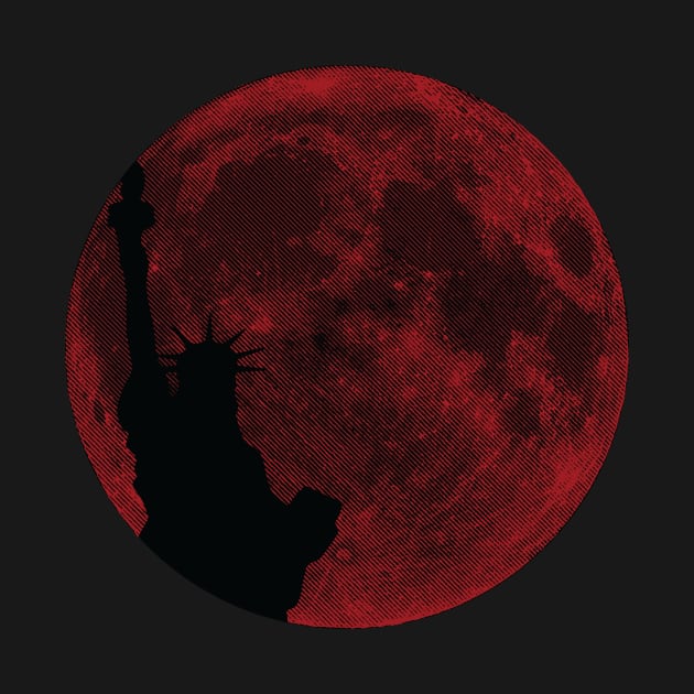 Minimalistic Lunar Liberty - Red Moon Background Statue of Liberty by pelagio