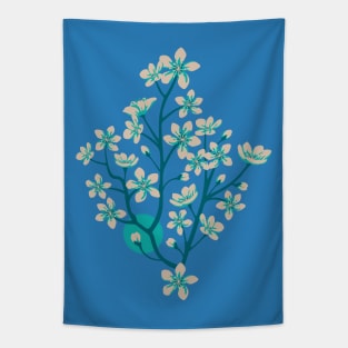 CHERRY BLOSSOMS Japanese Spring Floral Botanical with Sakura Flowers and Sun in Rainbow Palette Royal Blue Turquoise Teal - UnBlink Studio by Jackie Tahara Tapestry