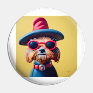 Yorkie Terrier wearing red glasses and blue clothes Pin