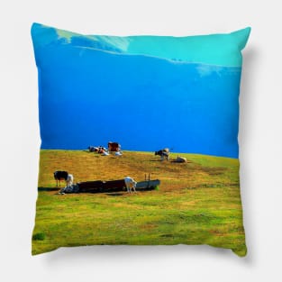 View at a Sibillini mountain ridge, meadows and bovines Pillow