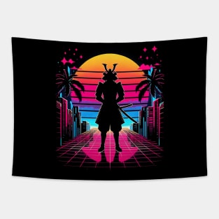 Neon Samurai: Retro Sunset Tapestry