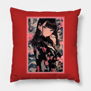 Aesthetic Anime Girl Pink Rosa Black | Quality Aesthetic Anime Design | Premium Chibi Manga Anime Art Pillow