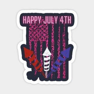 Happy July 4th (pink leopard flag & firework sticks) Magnet