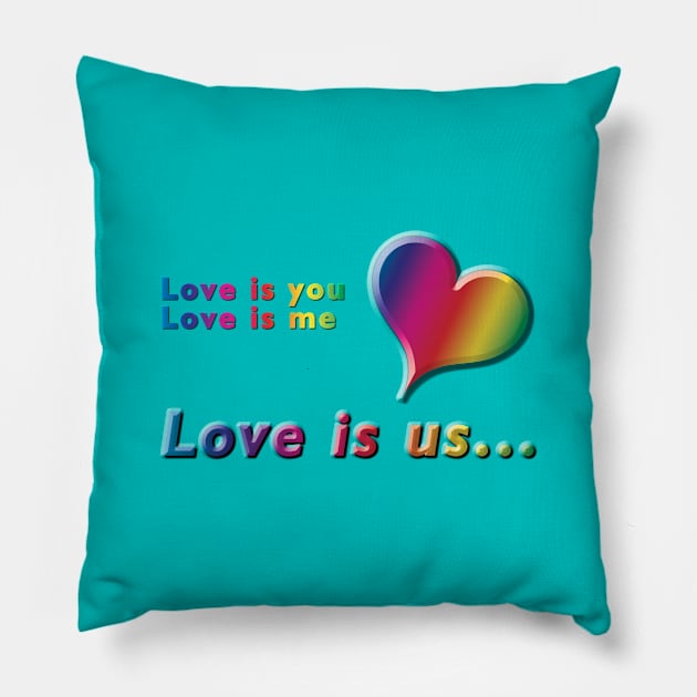 Love is you, Love is me, Love is us Rainbow Text & Heart Design on Turquoise Background Pillow by karenmcfarland13