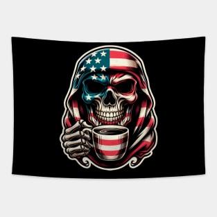 USA Patriotic American Flag Skull Caffeinated Coffee 4th of July  Coffee Lover Tapestry