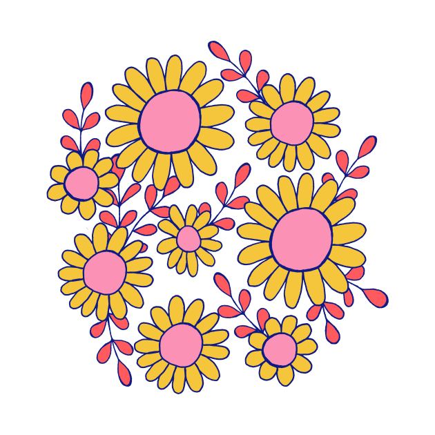 Retro 70s daisy flowers botanical design in blue, pink and yellow by Natalisa