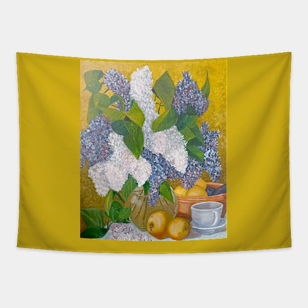 Still life with a bouquet of lilacs and fruits Tapestry by TaliArtiYa