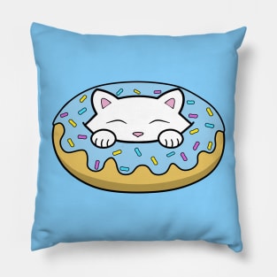 Cute white kitten eating a big blue doughnut with sprinkles on top of it Pillow