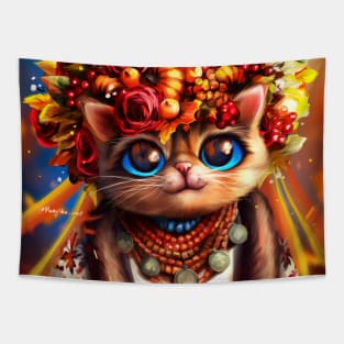 Cute autumn cat in ukrainian clothes and wreath Tapestry