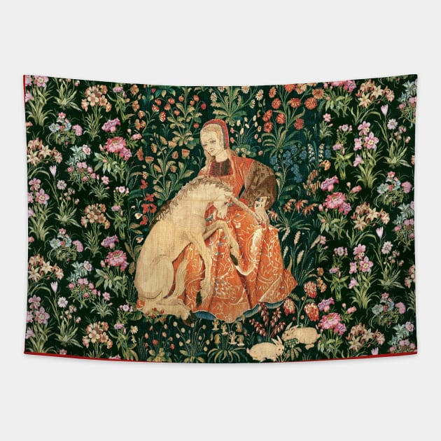 LADY AND UNICORN AMONG FLOWERS ,HARES,Red Green Floral Tapestry by BulganLumini