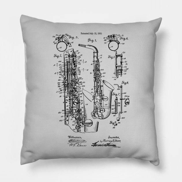 Vintage Jazz Saxophone 1915 Patent Image Pillow by MadebyDesign