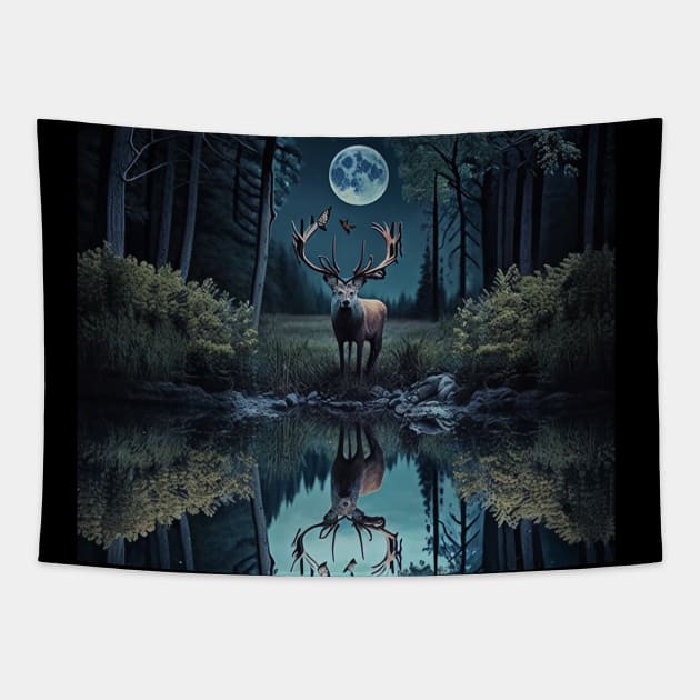 Deer reflected on the forest lake Tapestry by newcoloursintheblock