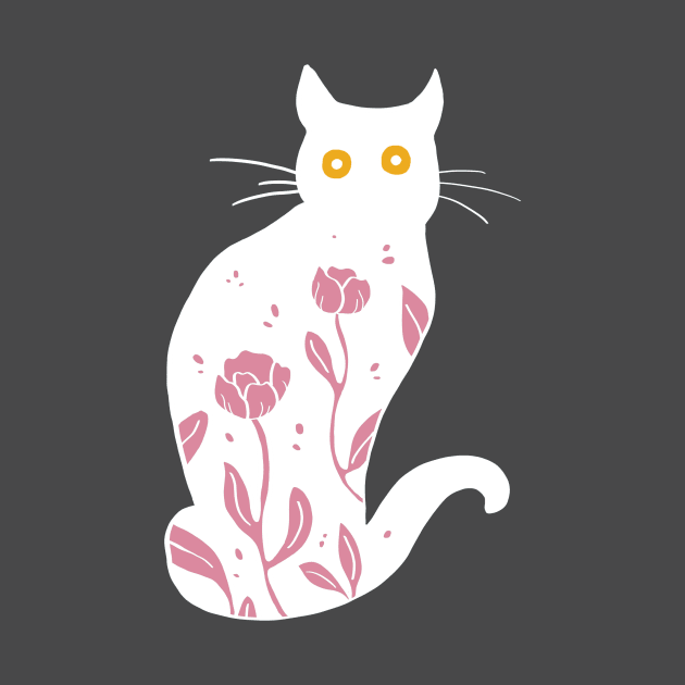 White kitty with pink flowers by Ellen Wilberg